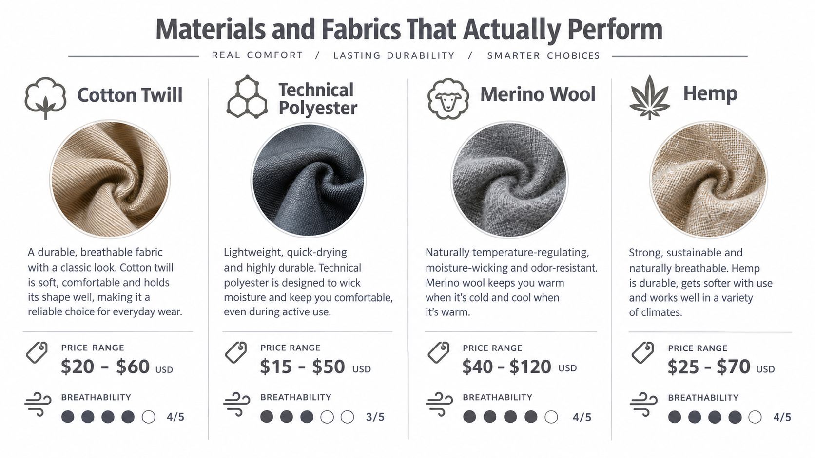 A comparison chart of four fabric types, Cotton Twill, Technical Polyester, Merino Wool, and Hemp.