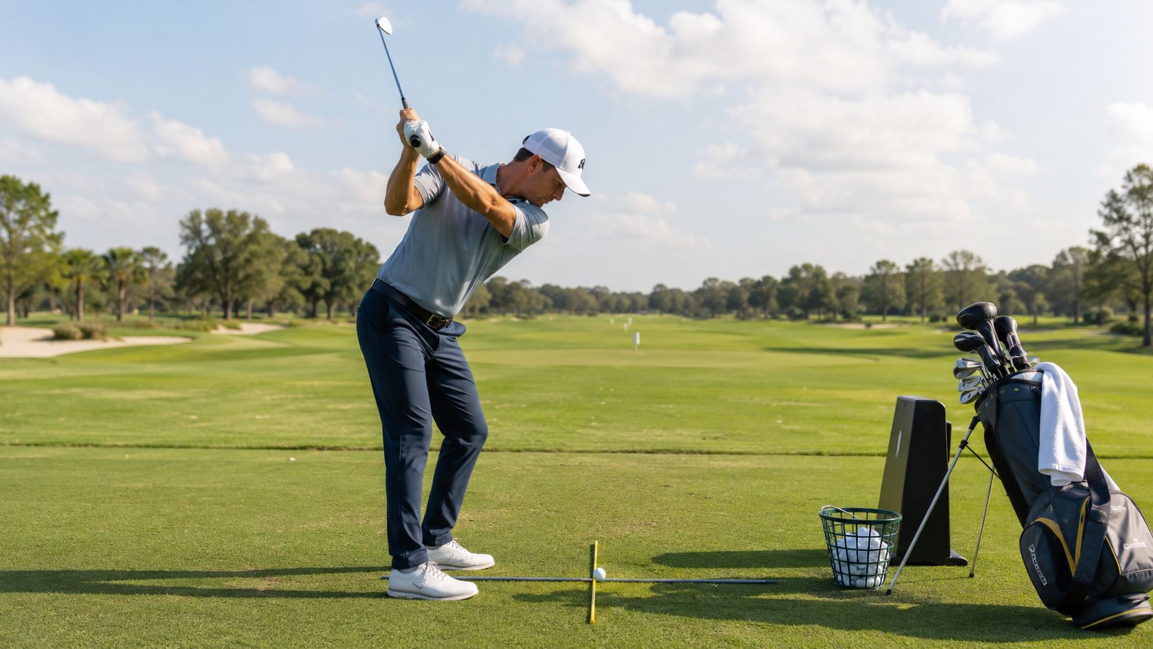 A professional golfer practicing his swing on a sunny golf course with a bag of clubs nearby.