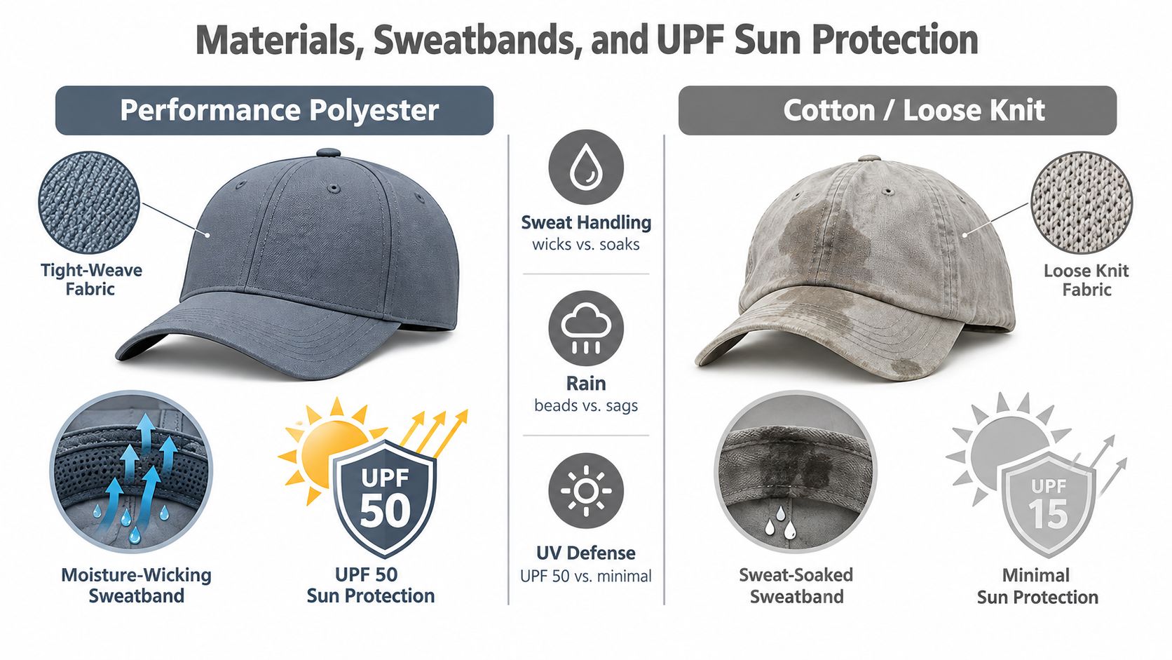 A comparison chart showing the benefits of performance polyester hats versus cotton loose-knit hats for sun protection.