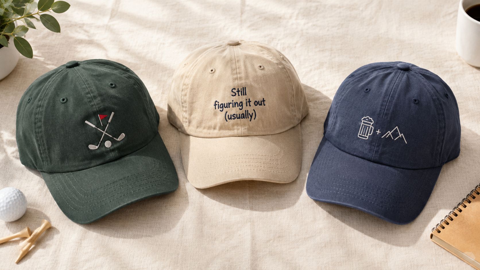 Three stylish baseball caps in green, tan, and blue, featuring embroidered sports and hobby-themed designs.