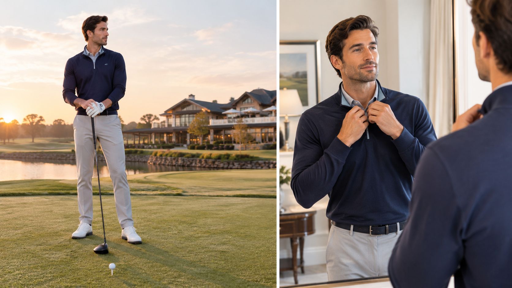 A sophisticated man wearing high end golf attire standing on a scenic course and adjusting his collar.