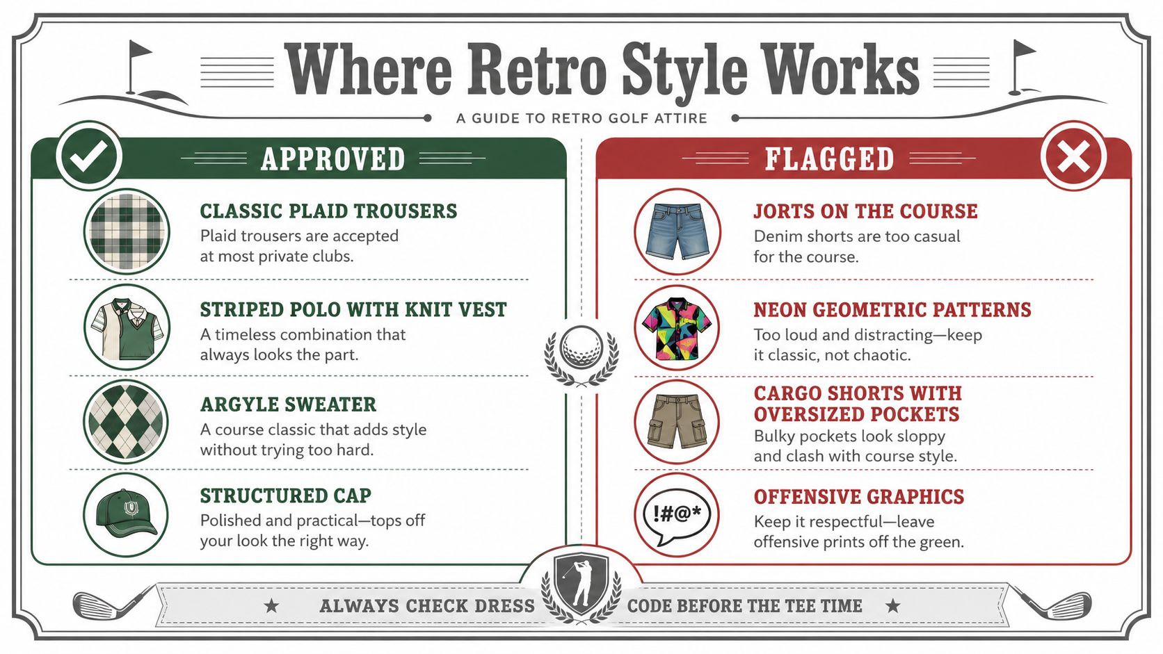An infographic titled Where Retro Style Works showcasing a guide to appropriate and inappropriate retro golf attire.