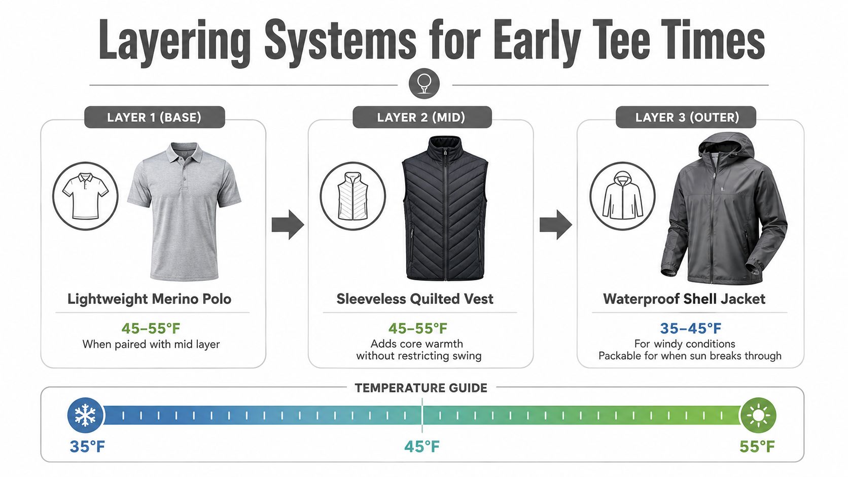 A graphic diagram showing a three-layer golf clothing system for playing in early morning cool temperatures.