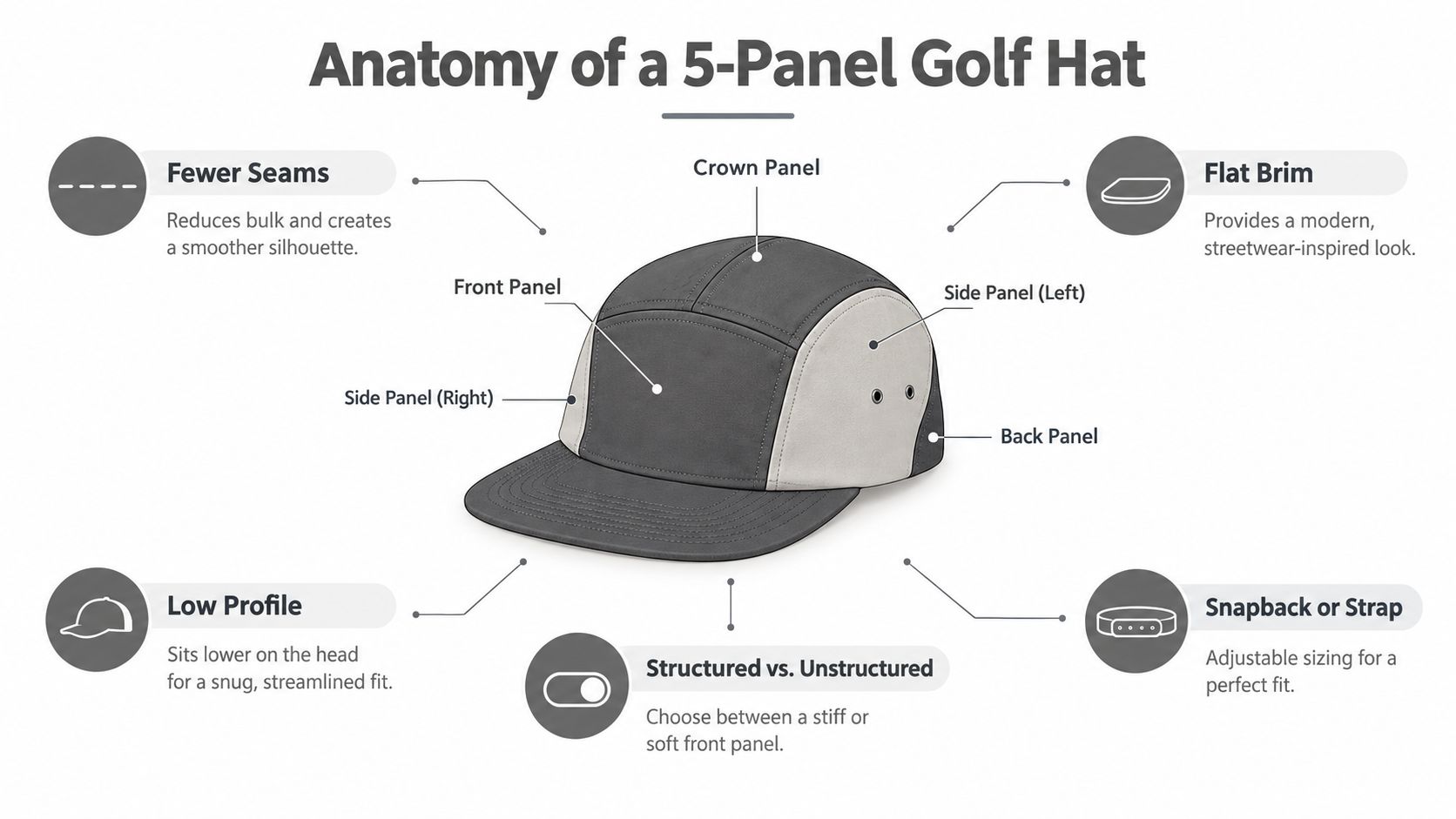A diagram labeled Anatomy of a 5-Panel Golf Hat highlighting the various design features and components.