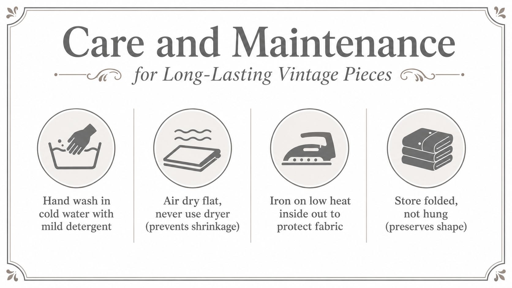 An infographic titled Care and Maintenance for Long-Lasting Vintage Pieces showing hand washing, air drying, ironing, and storage tips.