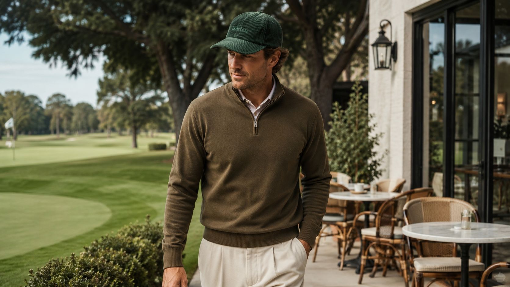 A man wearing a green corduroy snapback hat and olive quarter-zip sweater outdoors on a golf course patio.