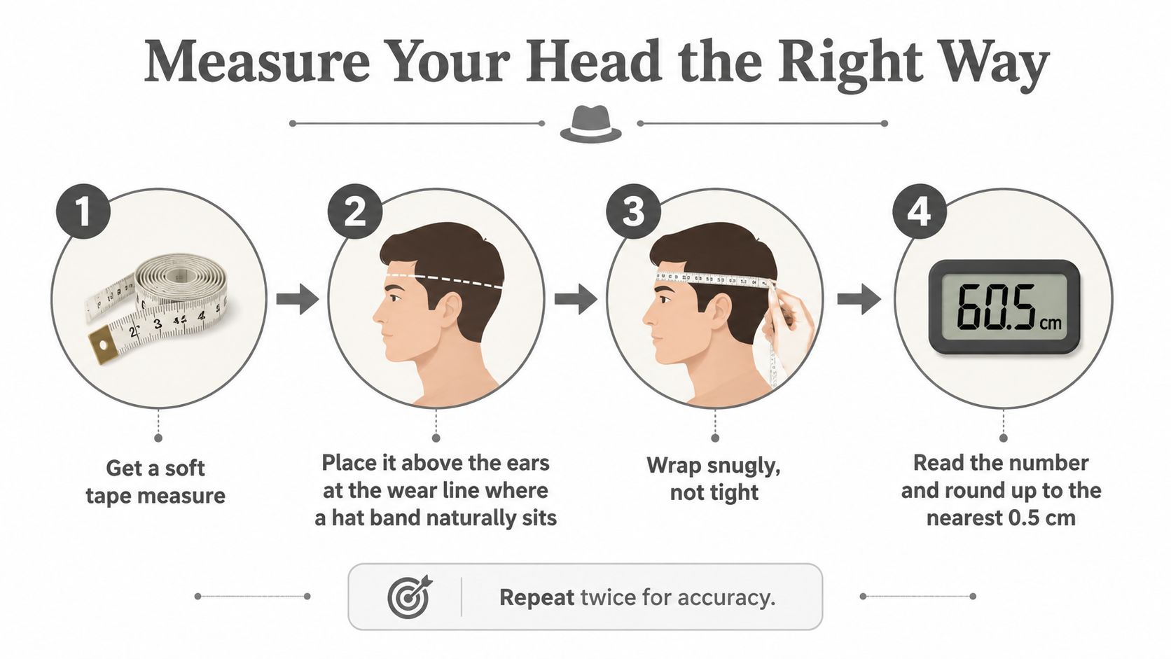 An infographic illustrating four simple steps to correctly measure your head for a well-fitting hat.