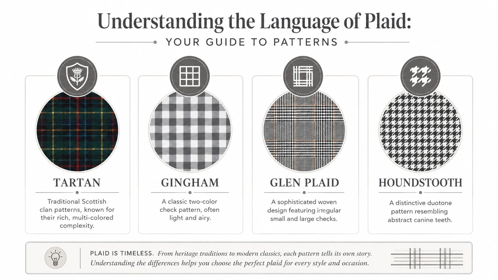 A visual guide illustrating four different types of plaid patterns: tartan, gingham, glen plaid, and houndstooth.