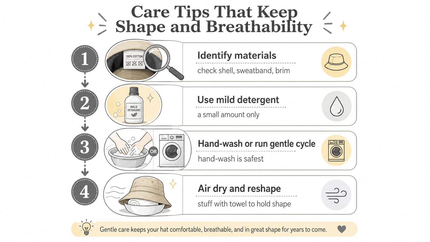 A step-by-step infographic showing instructions on how to properly wash and care for hats.