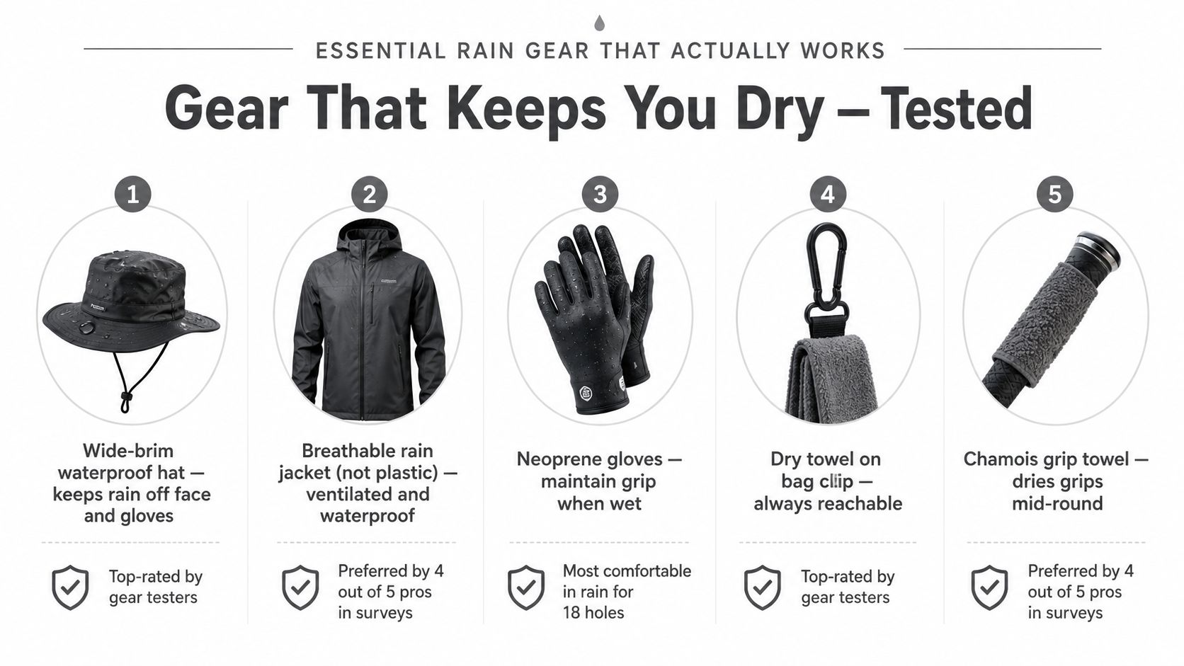 A graphic featuring five essential pieces of golf rain gear used to stay dry during rounds.