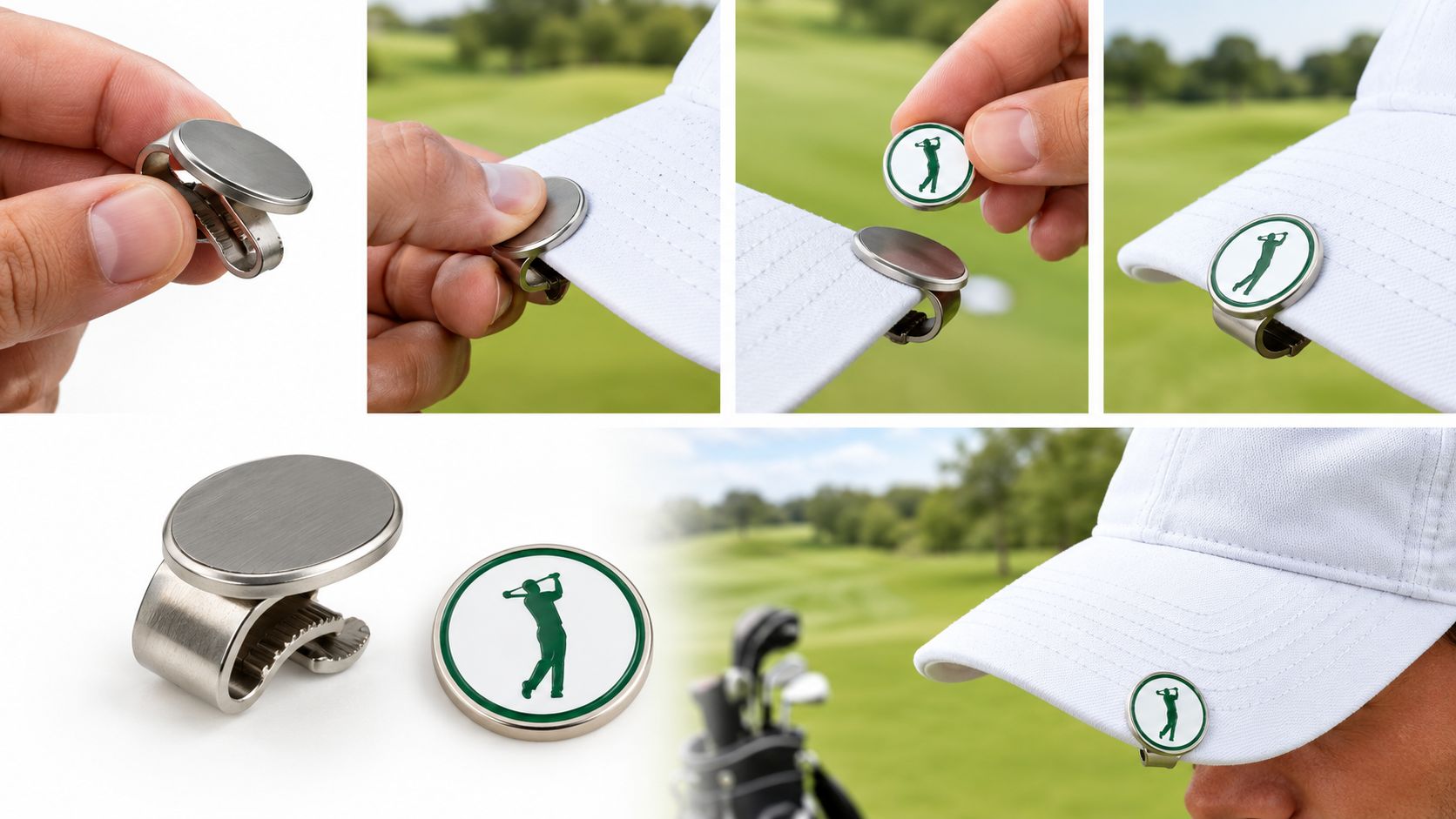 A metallic golf cap clip with a magnetic ball marker featuring a green silhouette of a golfer.