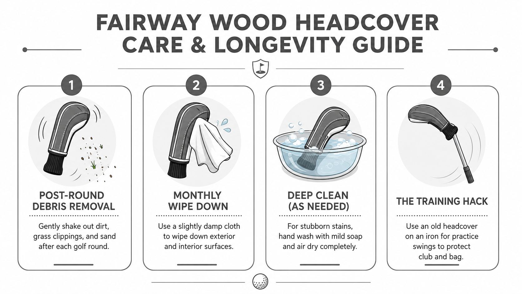 A four-step infographic showing instructions for the proper care, cleaning, and maintenance of fairway wood headcovers.