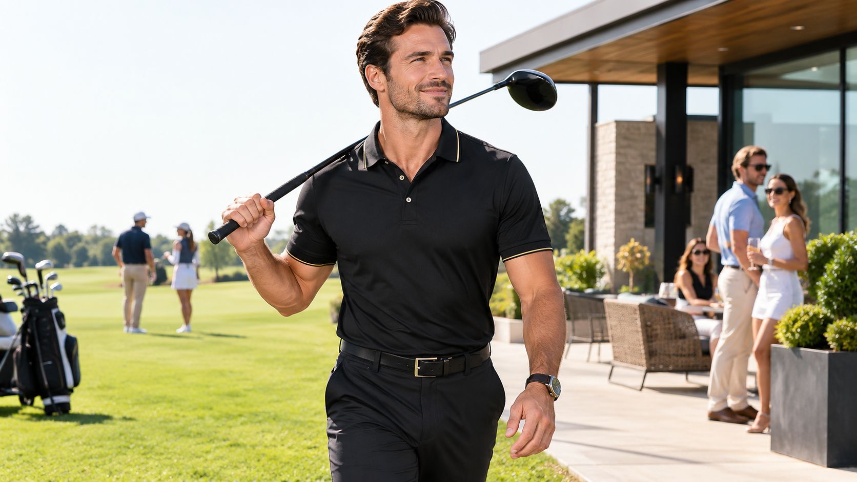 A stylish man carrying a golf club on his shoulder while walking past a luxury golf clubhouse.