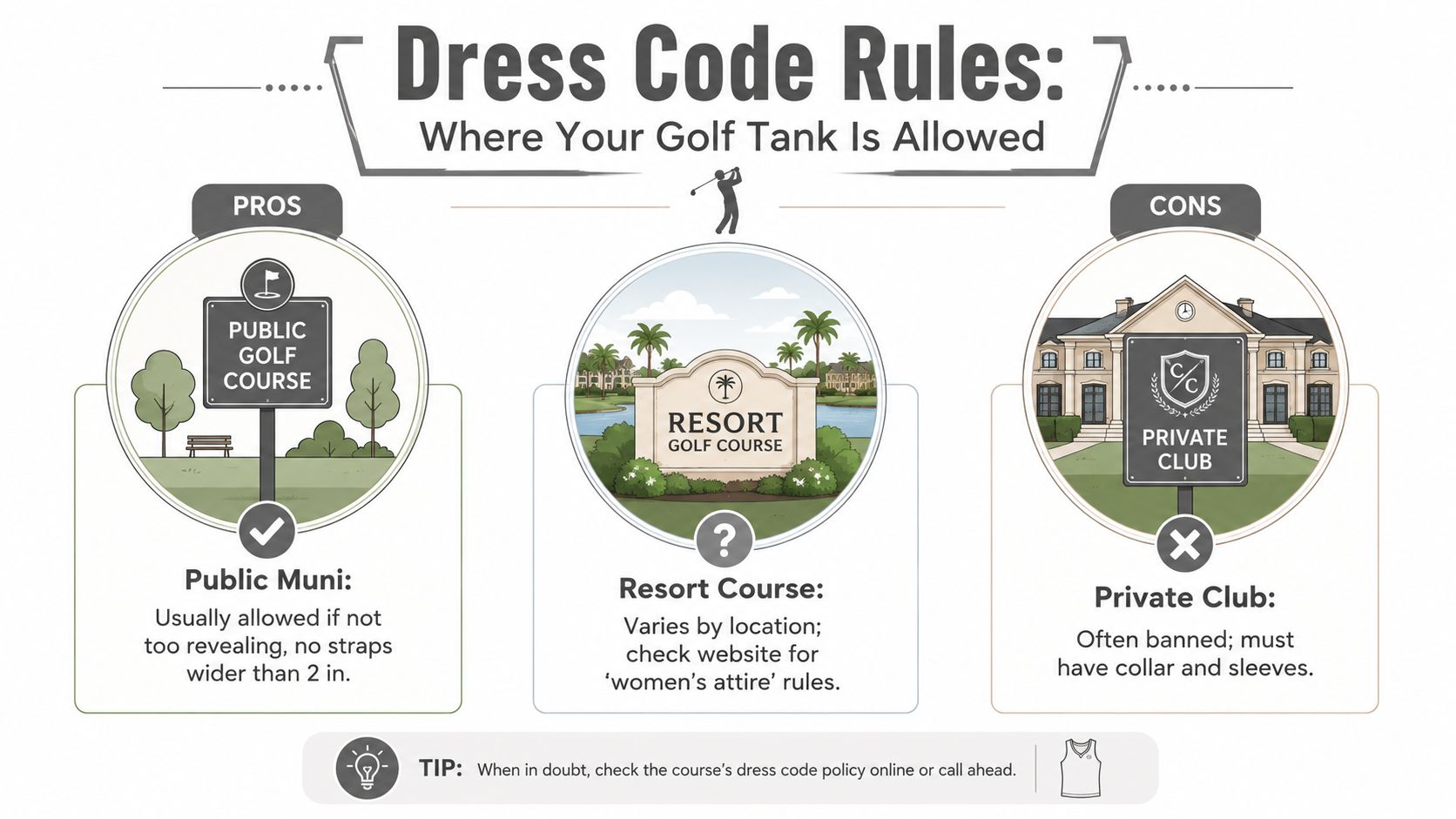 An infographic showing dress code rules for wearing women's golf tank tops at different types of courses.