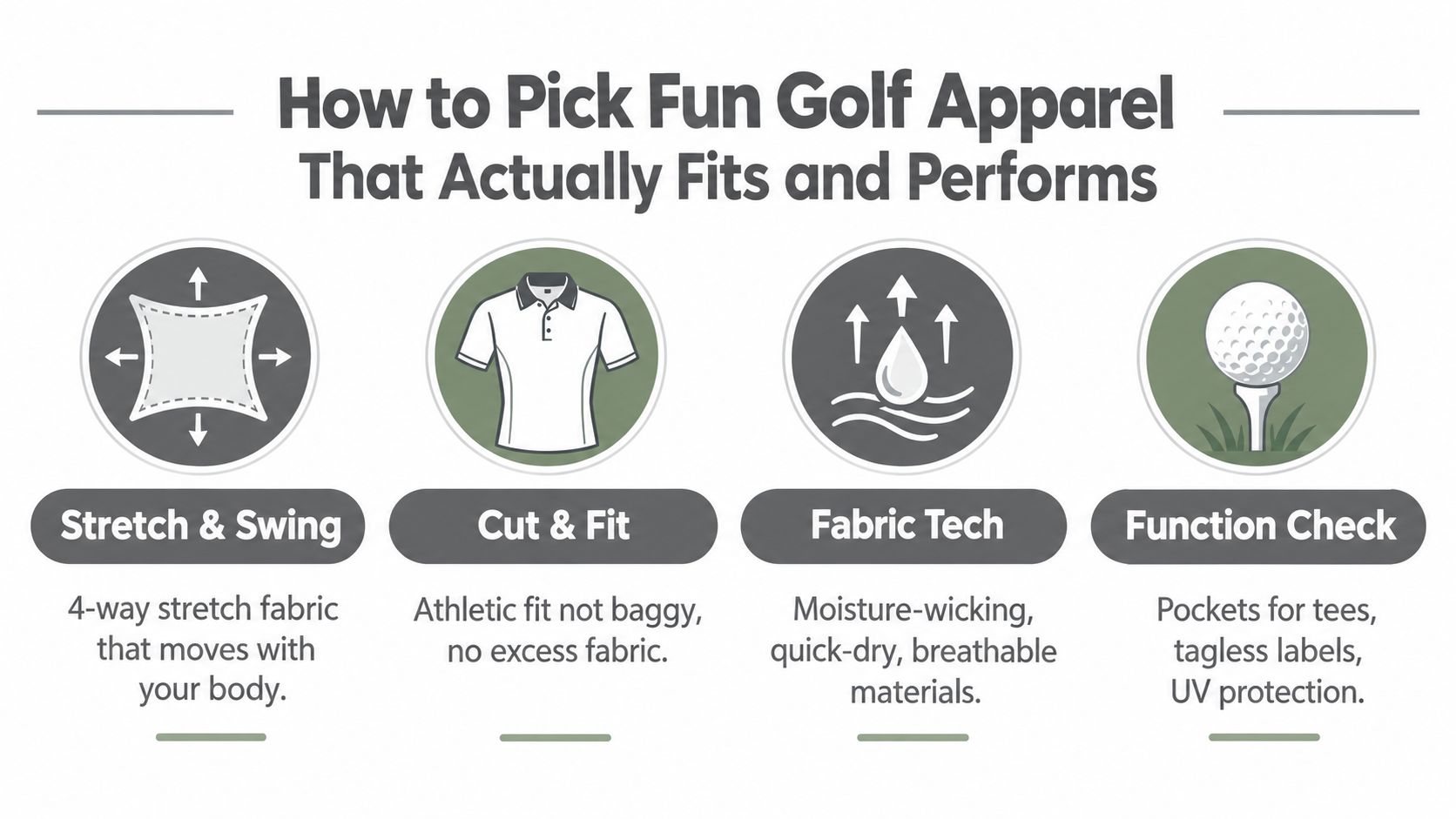 An infographic titled How to Pick Fun Golf Apparel showing four icons for stretch, fit, fabric, and functionality.