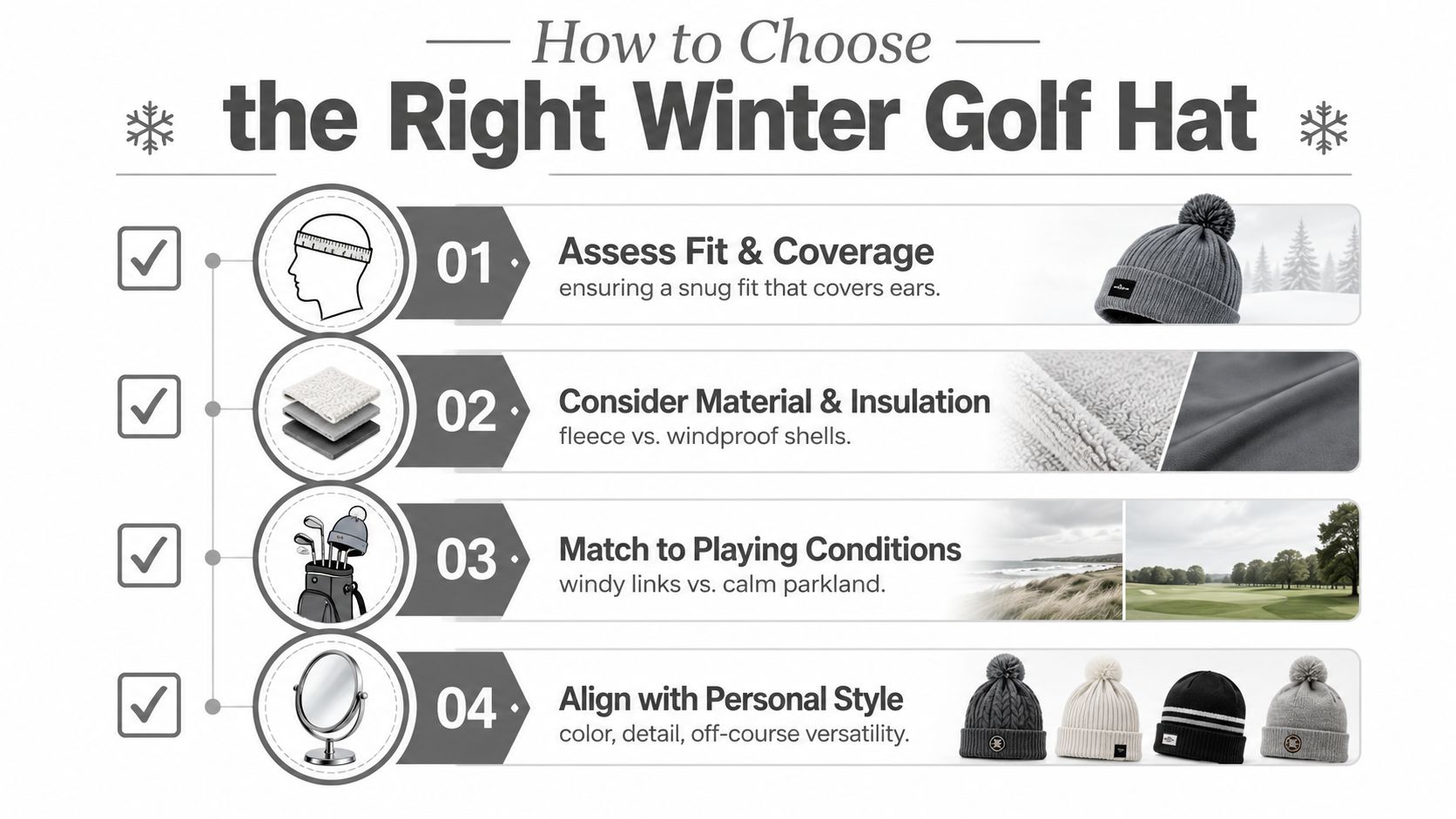 A guide infographic on how to choose the right winter golf hat based on fit, material, conditions, and style.