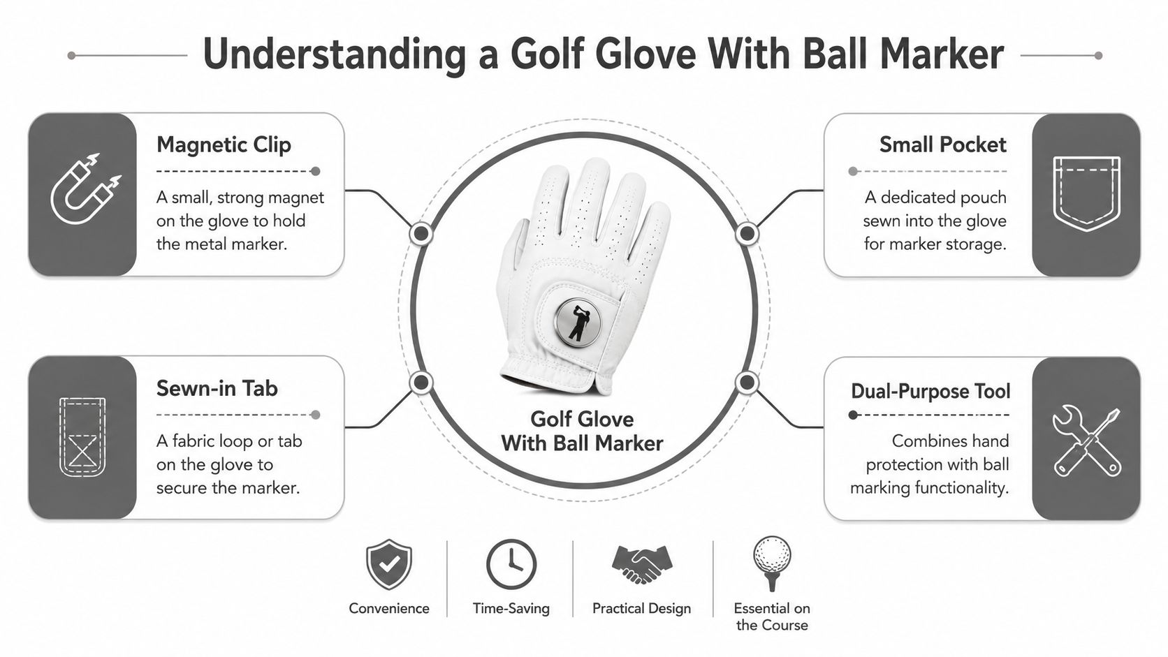 A diagram illustrating the features of a golf glove with an integrated ball marker for convenient use.
