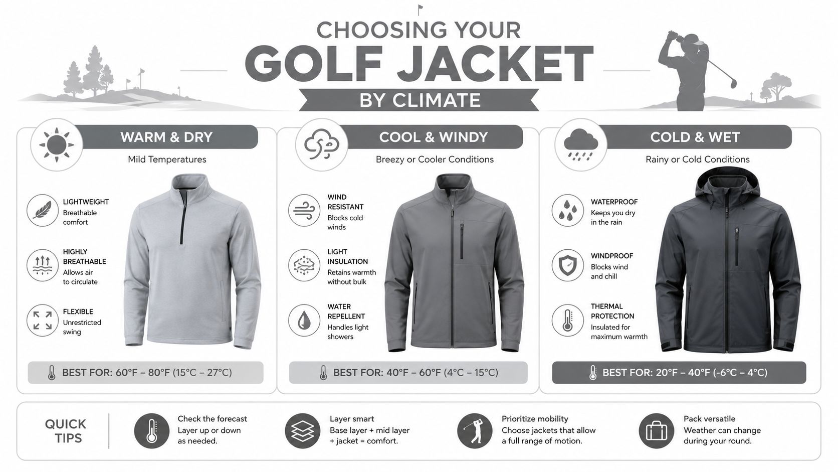 A guide for choosing men's golf jackets based on different weather conditions and temperatures.