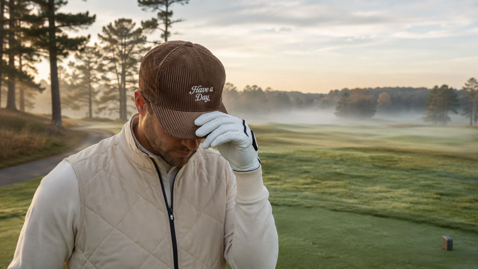 A man wearing a brown corduroy hat with white text on a misty morning golf course.