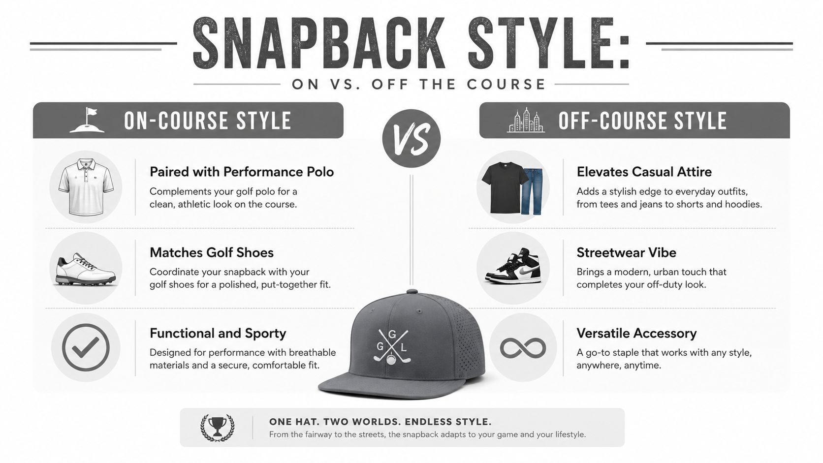 An infographic comparing the styling of snapback golf hats for on-course athletic looks and off-course streetwear fashion.