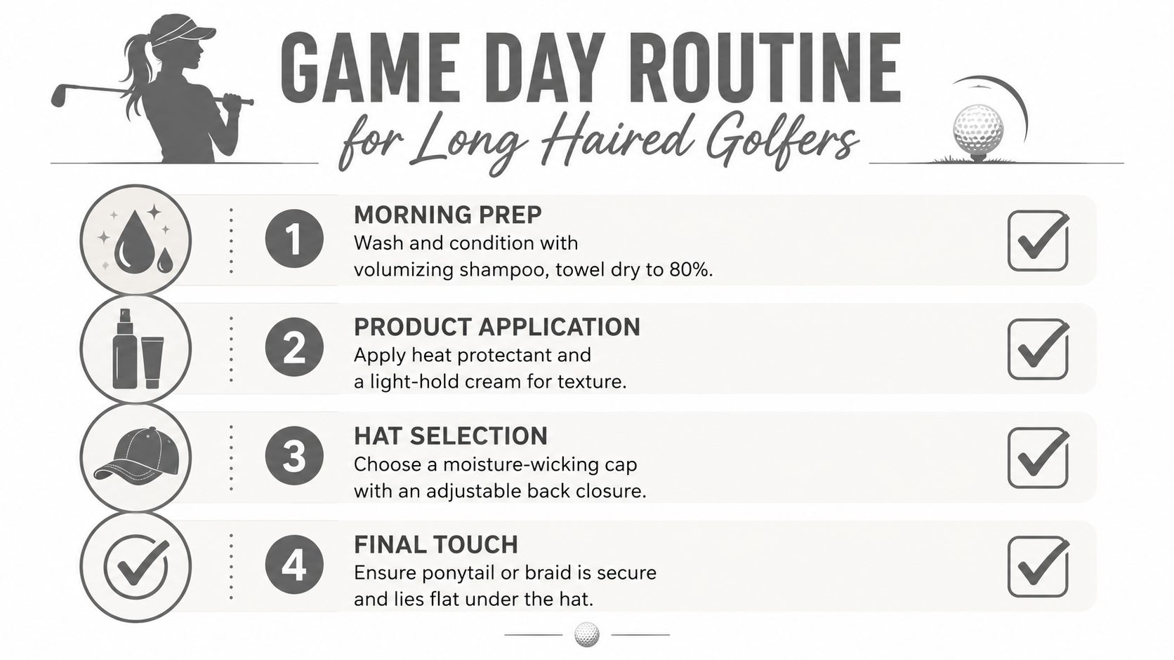 An infographic detailing a four-step game day beauty routine for golfers with long hair under a cap.