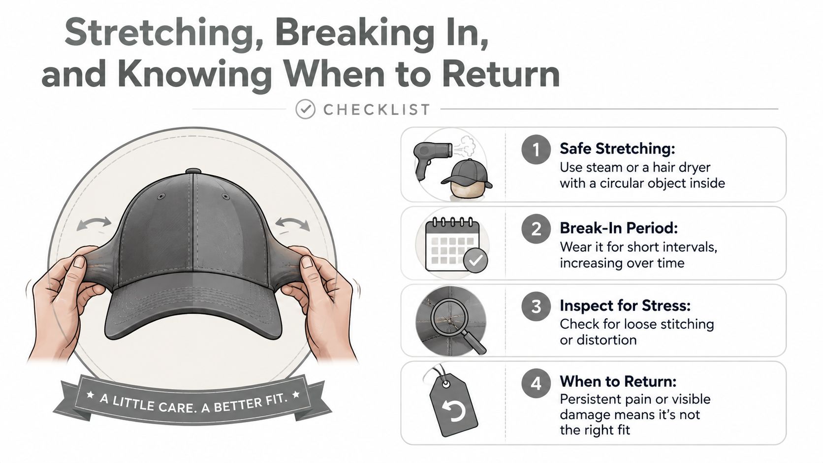 An infographic showing four steps for safely stretching, breaking in, and checking the fit of a hat.