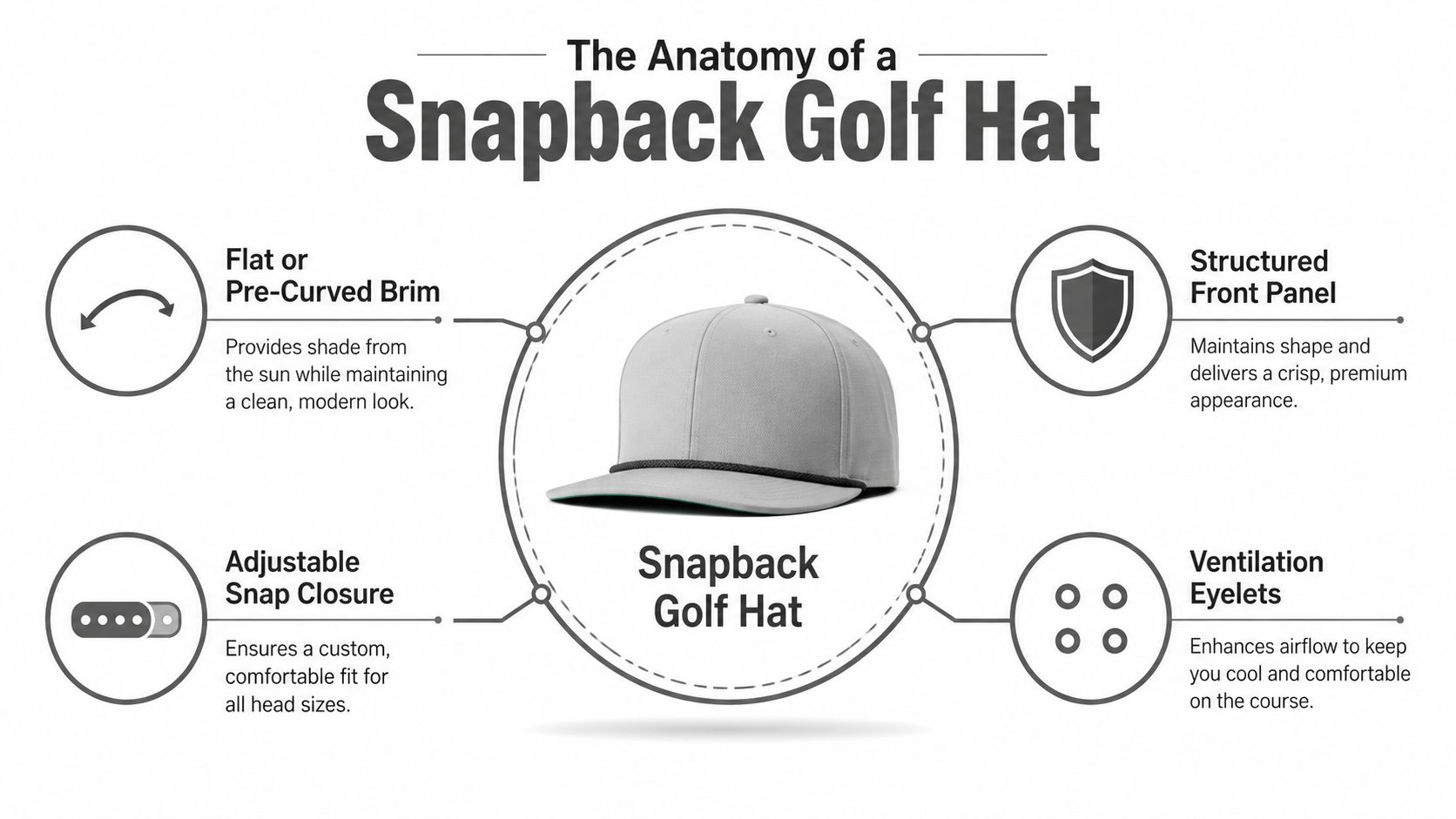 An infographic detailing the key anatomical features of a stylish grey snapback golf hat for athletes.