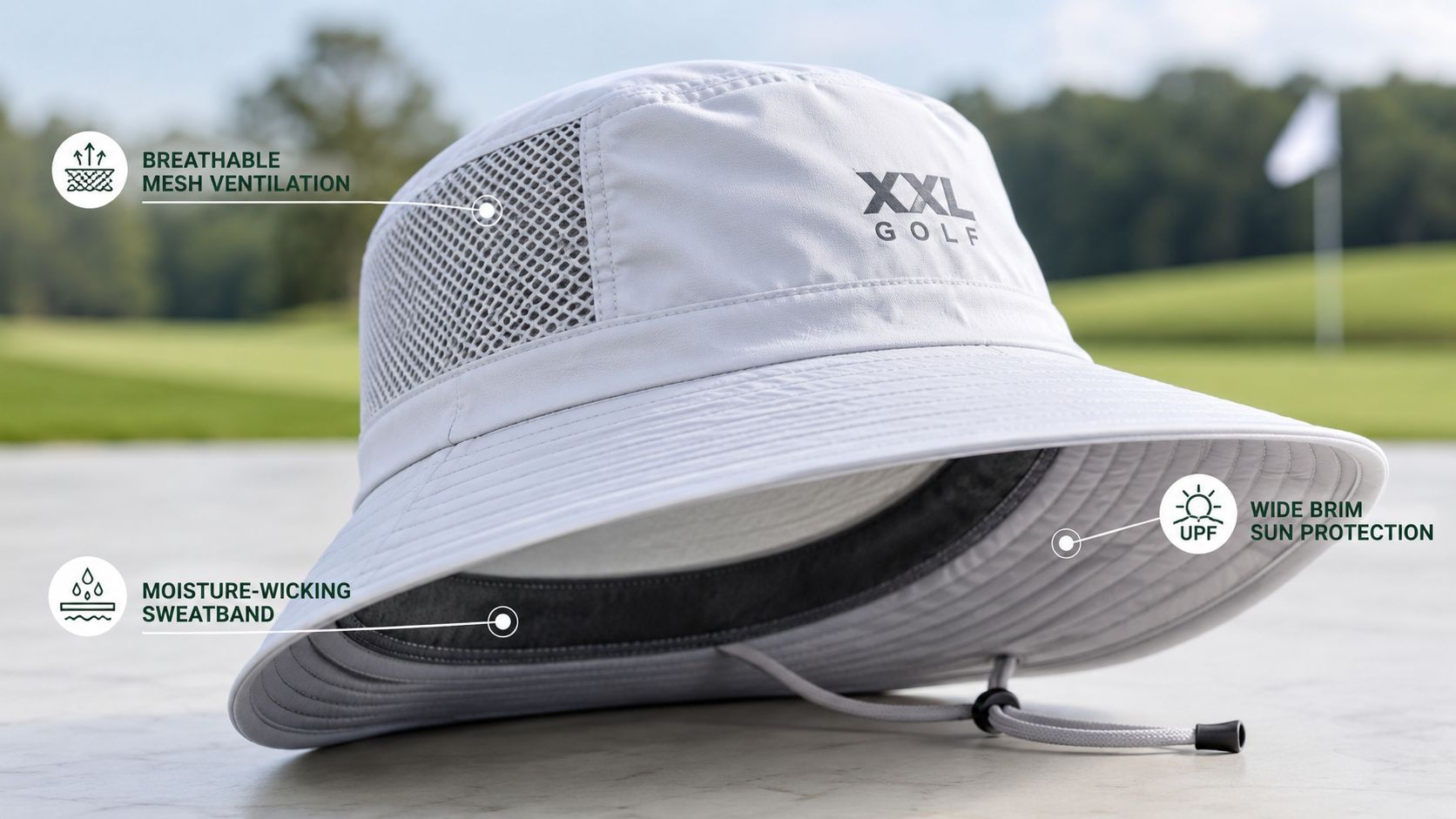 A white XXL Golf bucket hat with a wide brim, mesh ventilation, and a moisture-wicking sweatband.