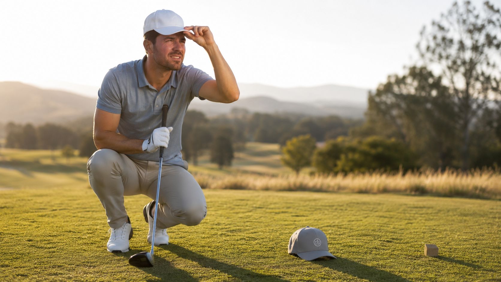 A professional golfer crouching on a golf course while adjusting his white cap at sunset.