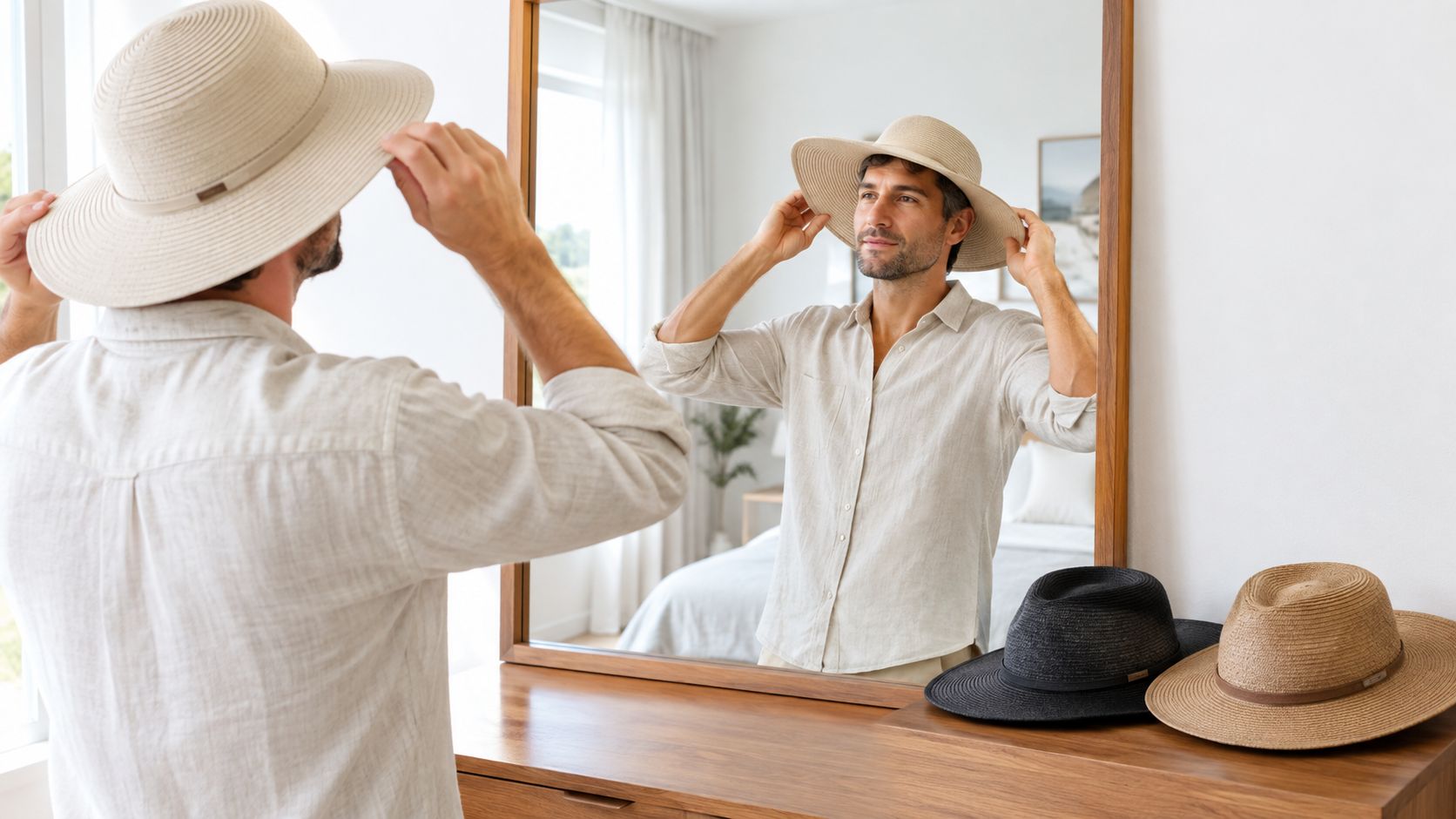 A man wearing a beige sun hat while looking at his reflection in a wooden mirror frame.