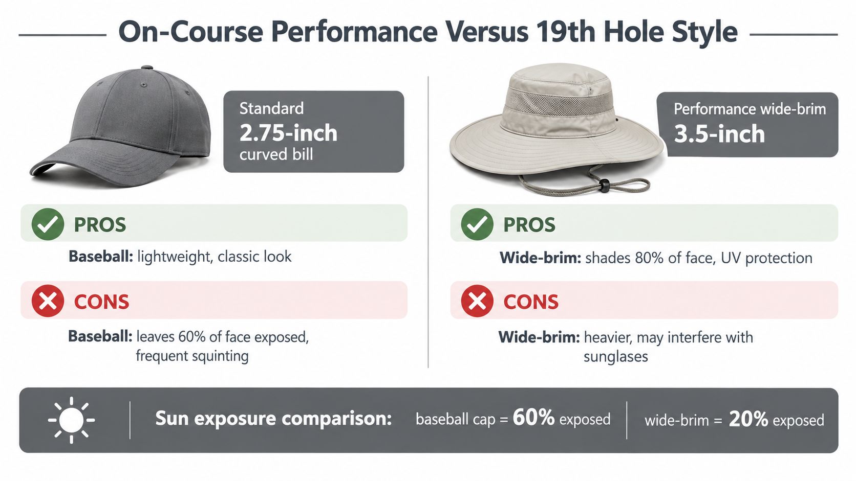 A comparison chart showing the benefits and drawbacks of wearing a baseball cap versus a wide-brim golf hat.