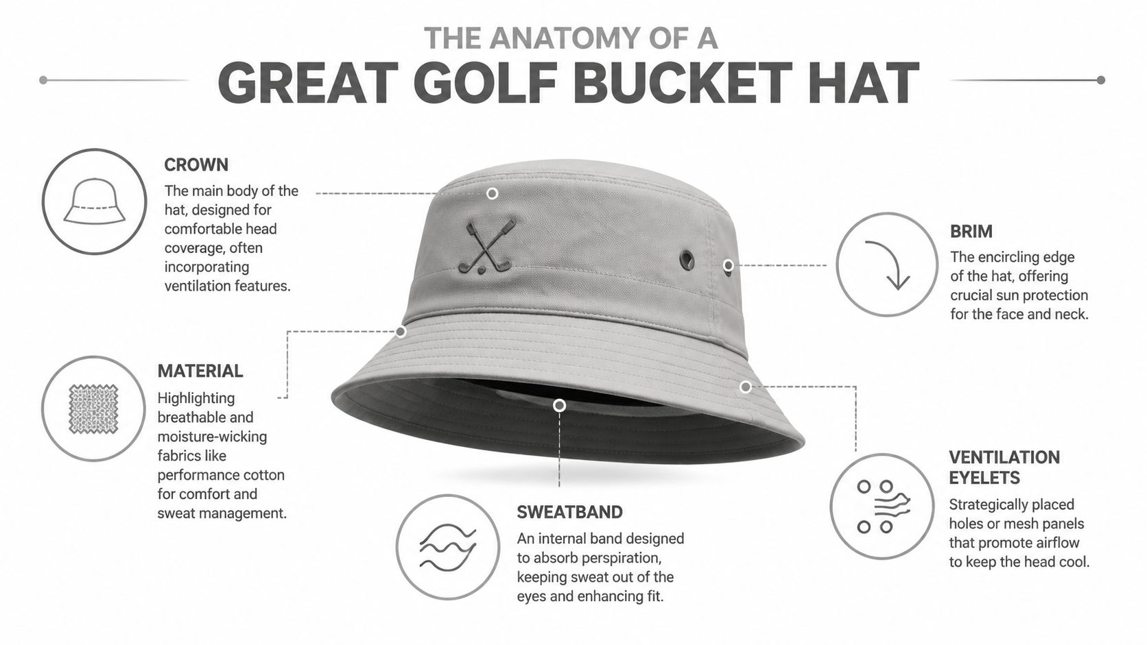 An infographic diagram labeled The Anatomy of a Great Golf Bucket Hat showing its key components.