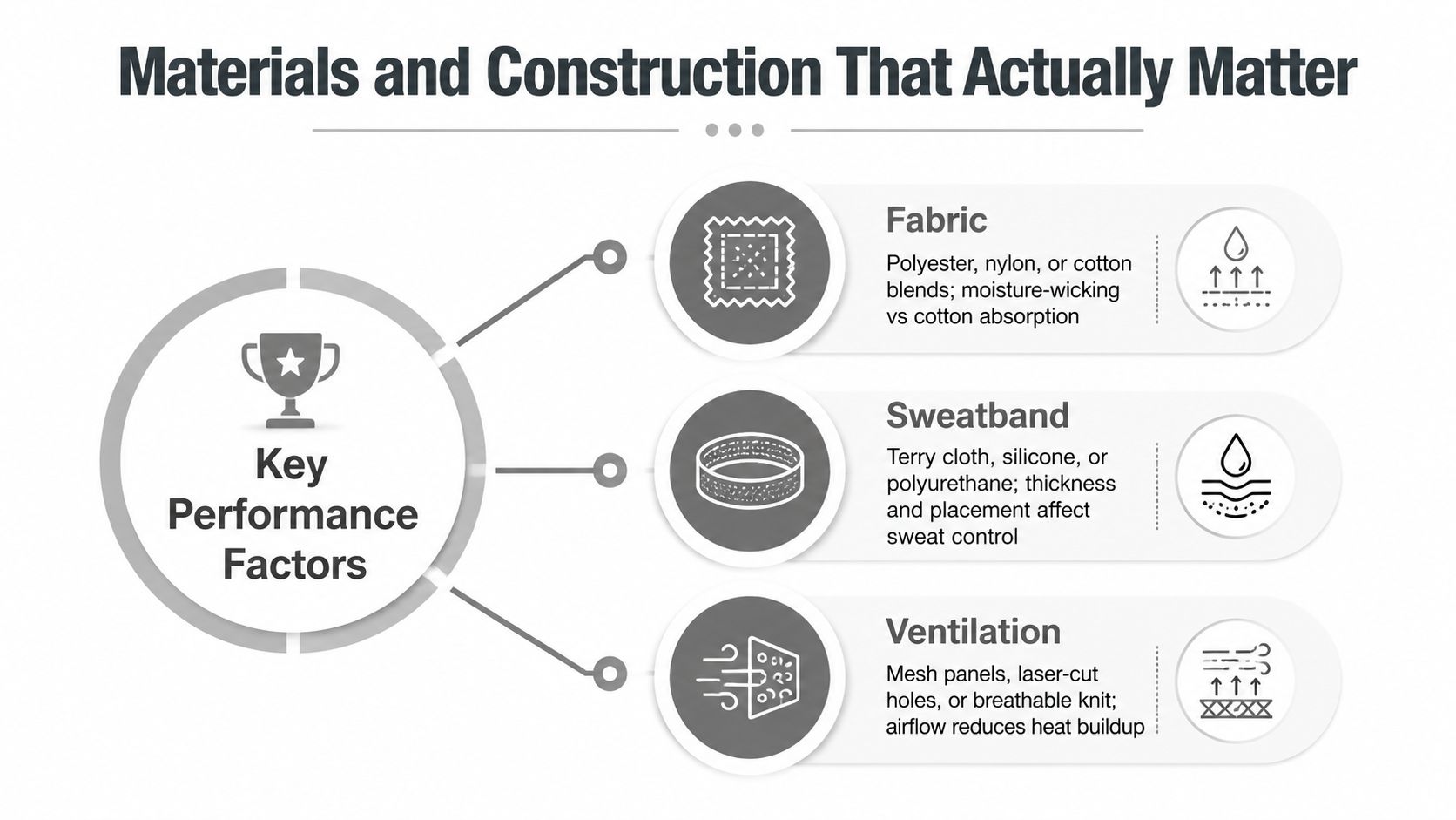 A performance infographic highlighting fabric, sweatband, and ventilation as key factors for high-quality golf hat construction.