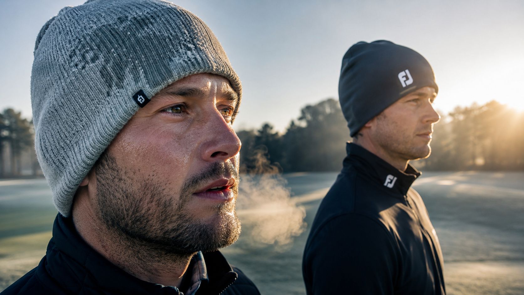 Two male golfers wearing warm beanies and activewear on a cold, misty morning at a golf course.