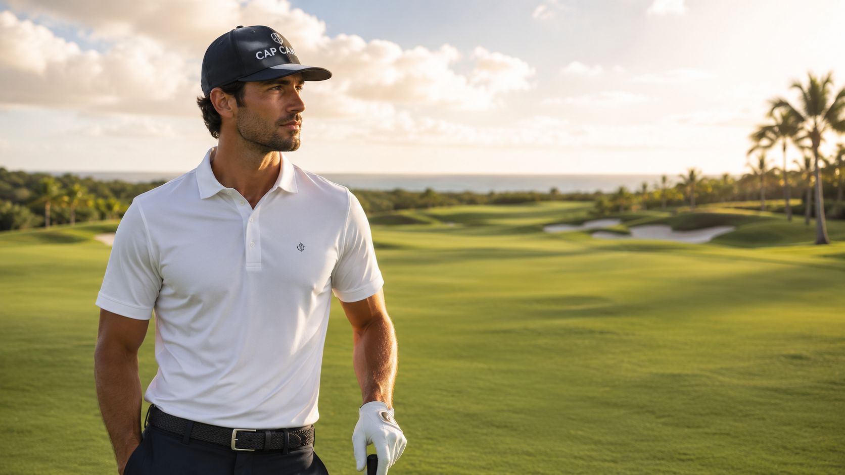 A professional golfer standing on a lush golf course in Cap Cana at sunset.