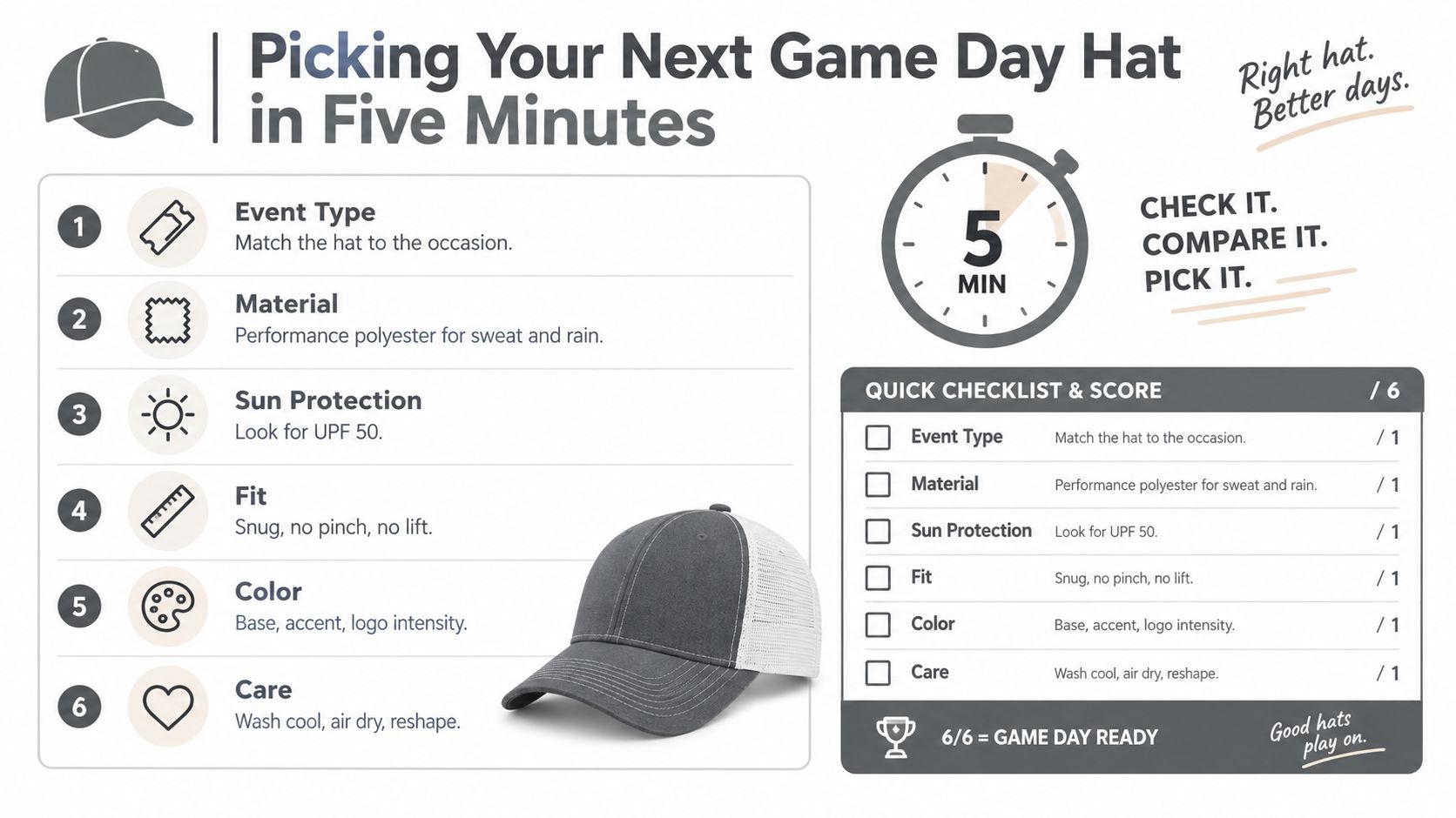 An infographic titled Picking Your Next Game Day Hat showing six steps to choose a perfect baseball cap.