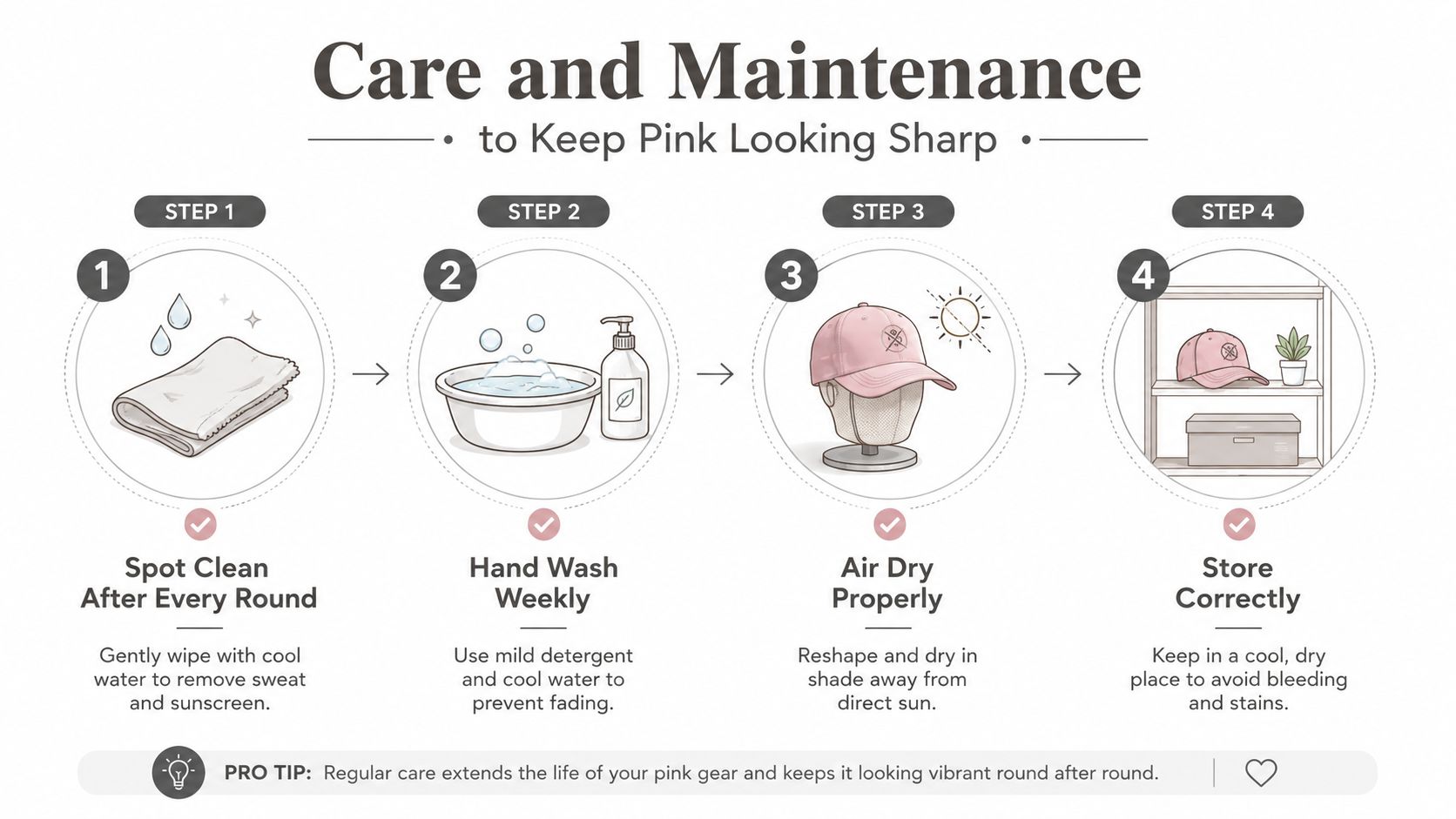 An infographic detailing four steps to clean and maintain pink golf hats, including washing and storage instructions.