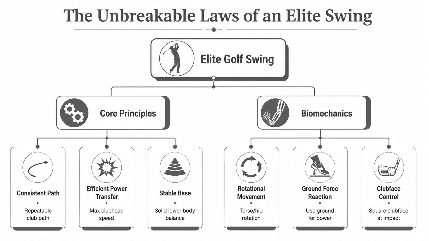 A diagram outlining the unbreakable laws of an elite golf swing, covering core principles and biomechanics.