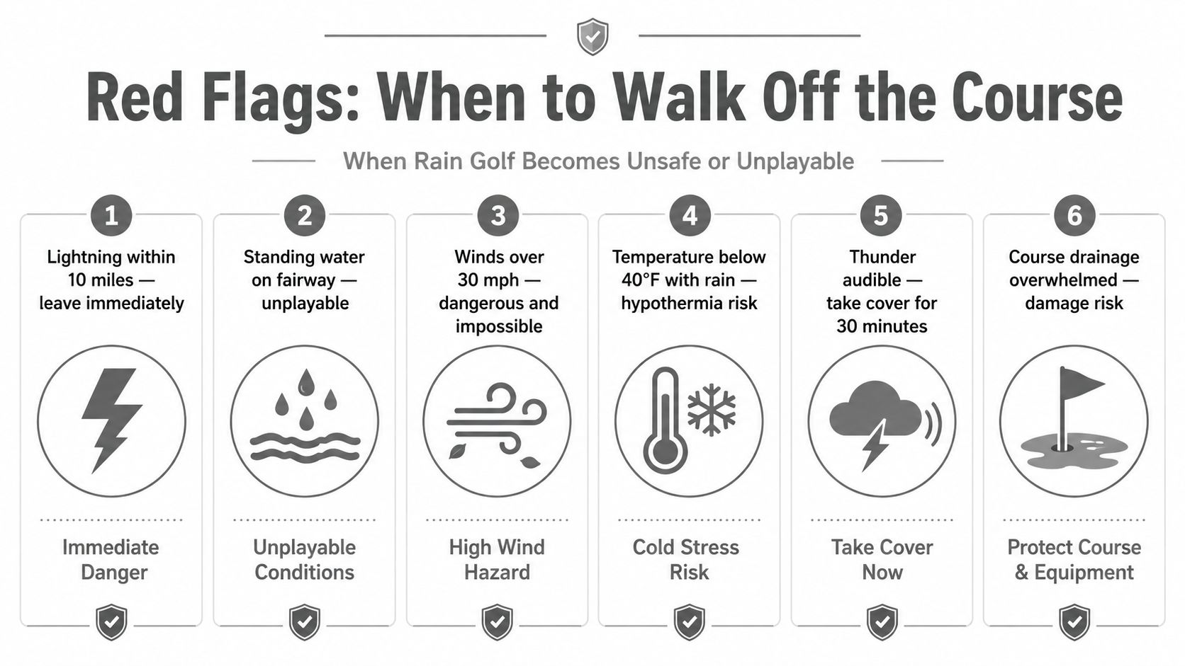 An infographic titled Red Flags: When to Walk Off the Course, listing six unsafe golf weather conditions.