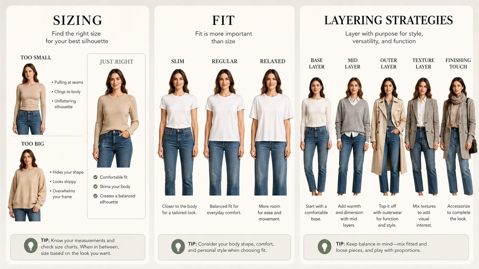 A fashion infographic explaining sizing, clothing fit, and layering strategies for a balanced and stylish outfit.