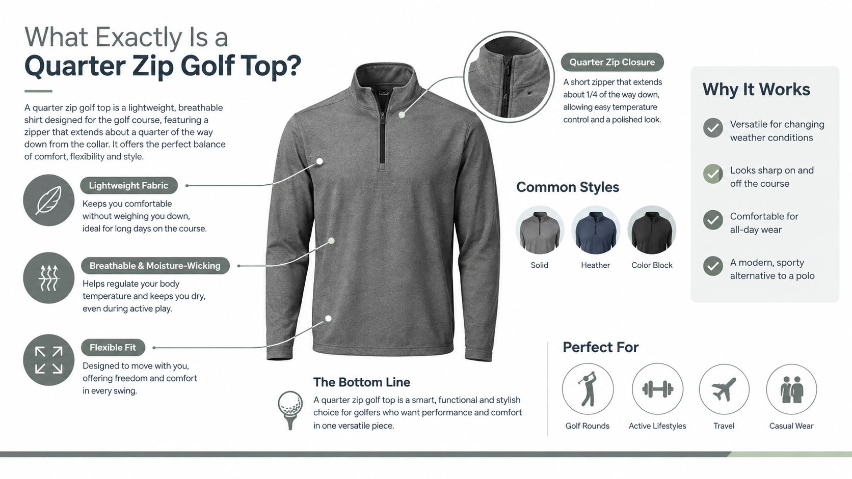 An infographic detailing the features and benefits of a grey quarter zip golf shirt for men.