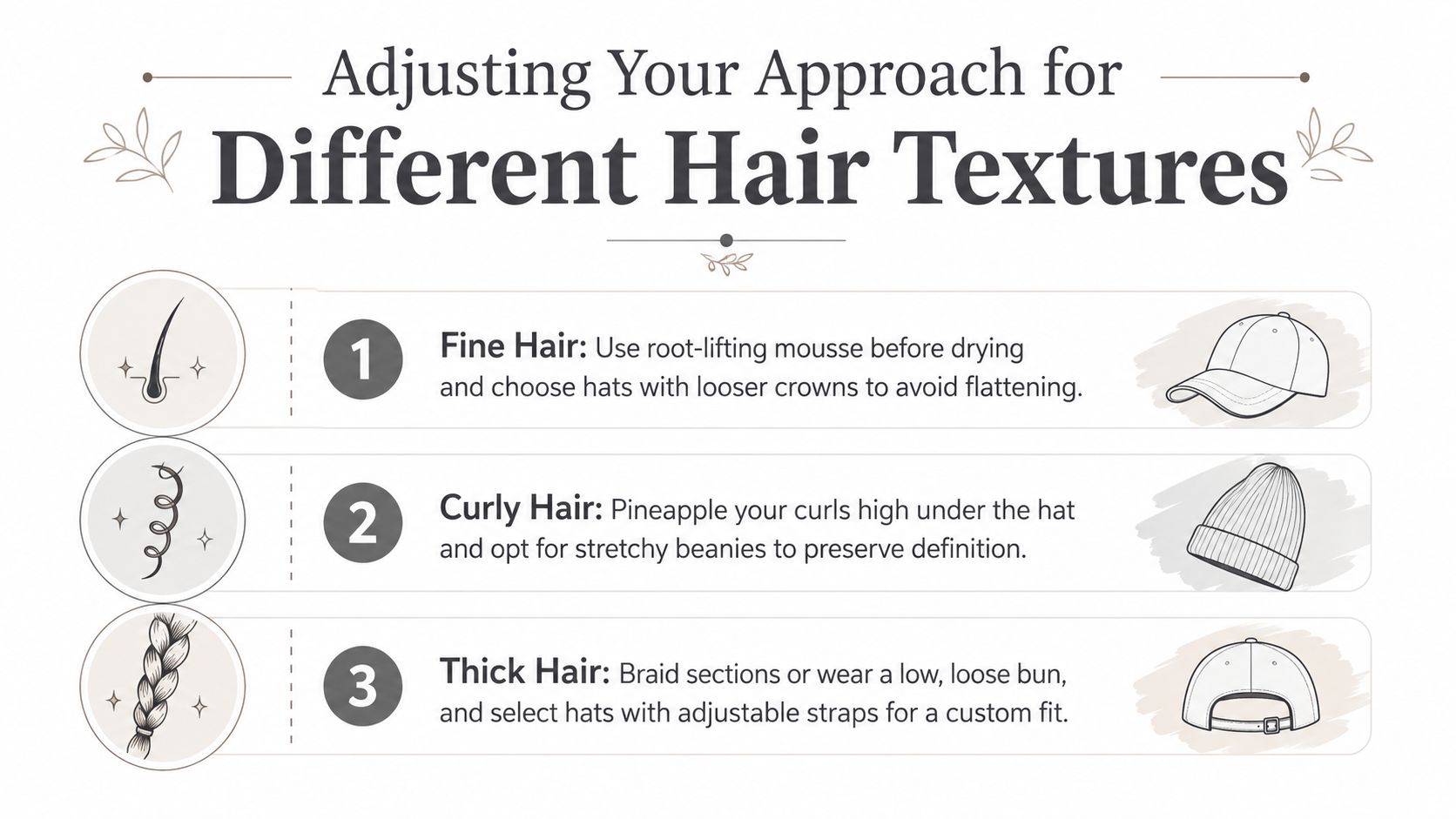 An infographic detailing how to wear hats with fine, curly, and thick hair textures.