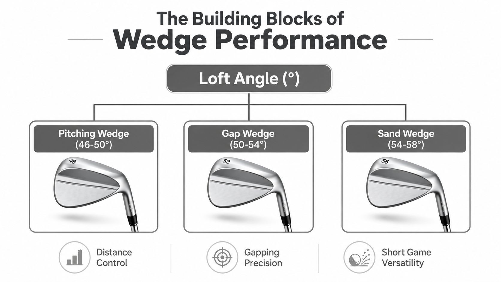 A diagram explaining the different loft angles and performance benefits of pitching, gap, and sand golf wedges.