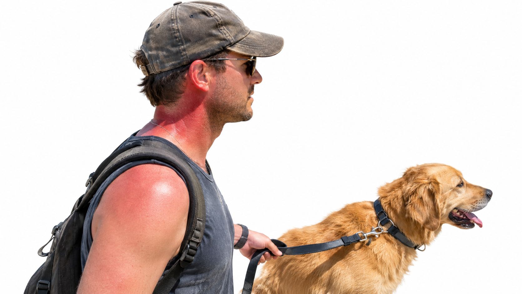 A man with a sunburn wearing a baseball cap and sunglasses walking his golden retriever dog outdoors.