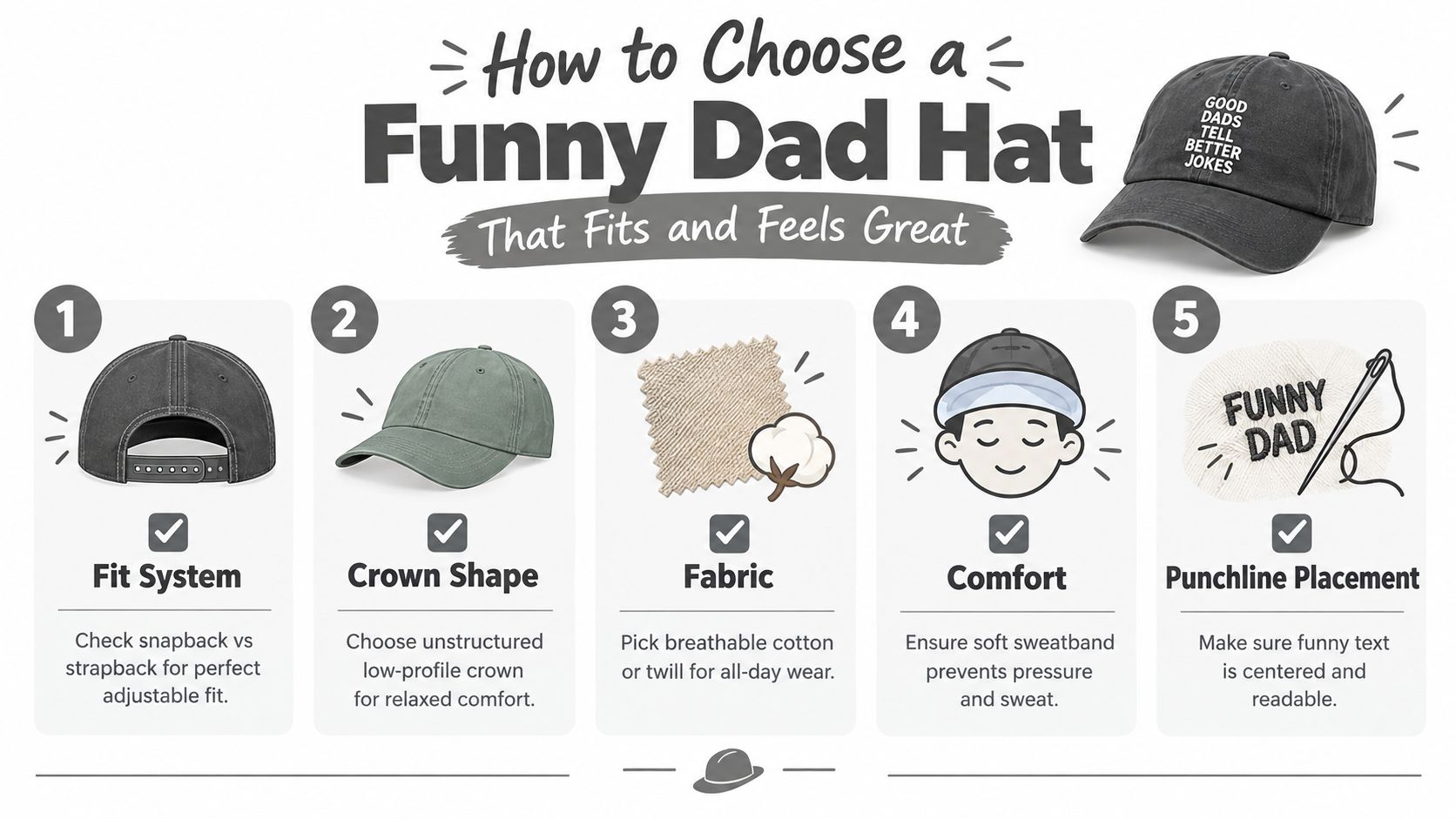 A five-step instructional guide on how to choose a comfortable, well-fitting funny dad hat with embroidery.