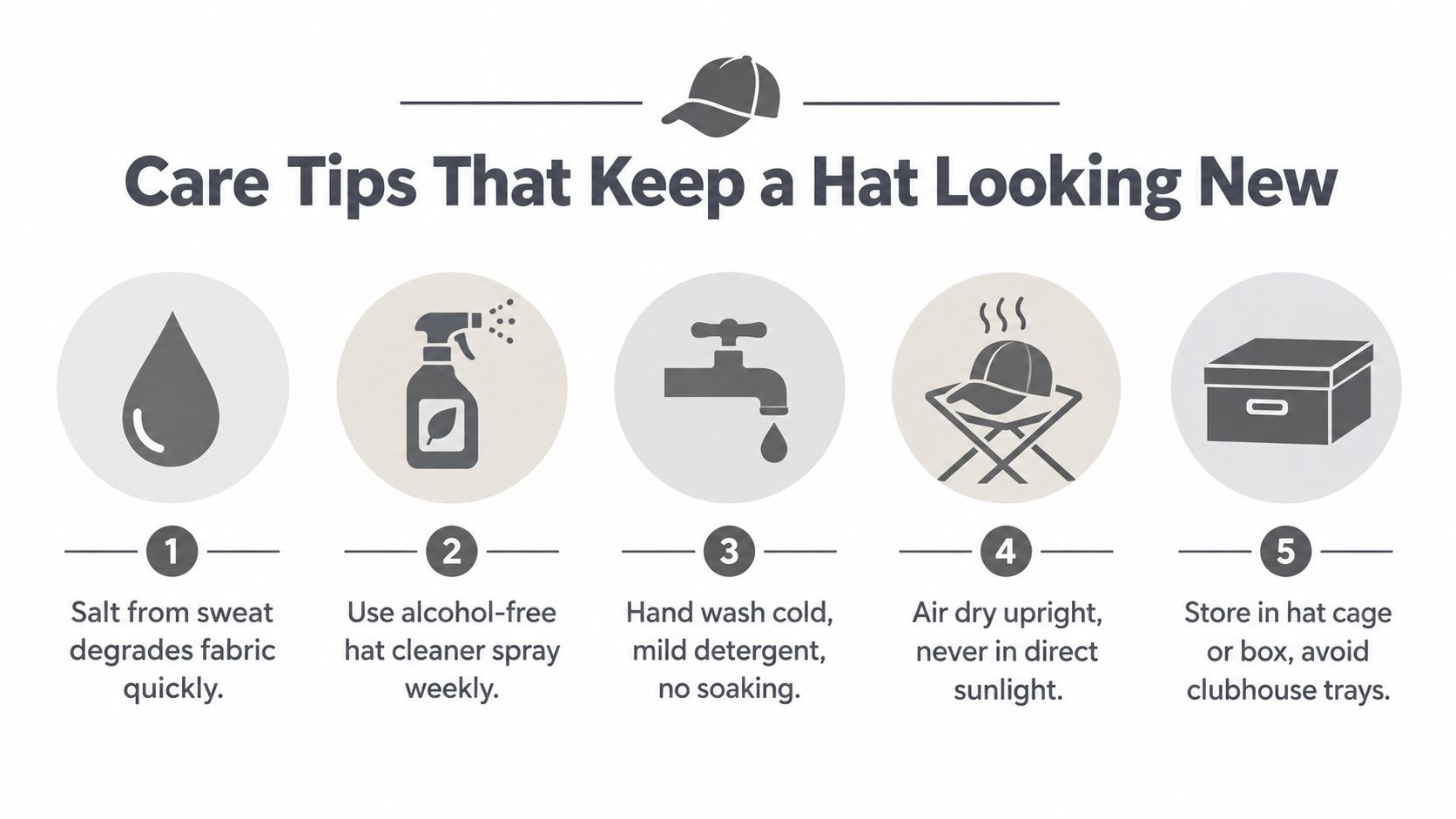 An infographic showing five numbered steps for cleaning and maintaining the condition of a baseball hat.