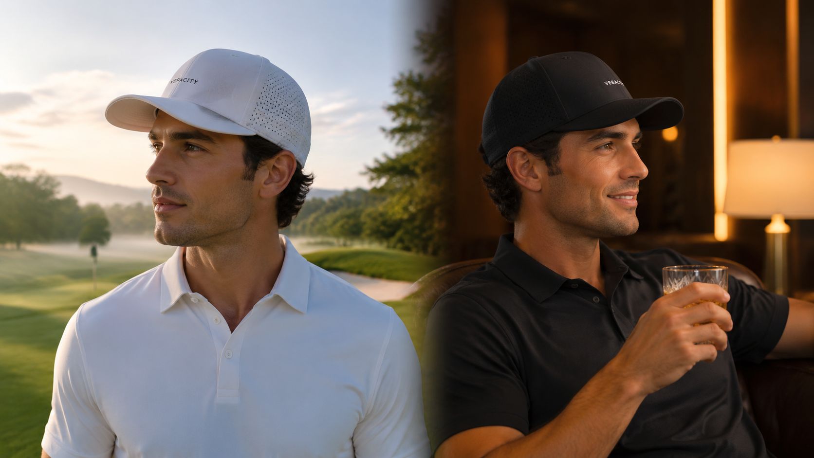 A split image showing a man wearing white and black Veracity golf caps in different settings.