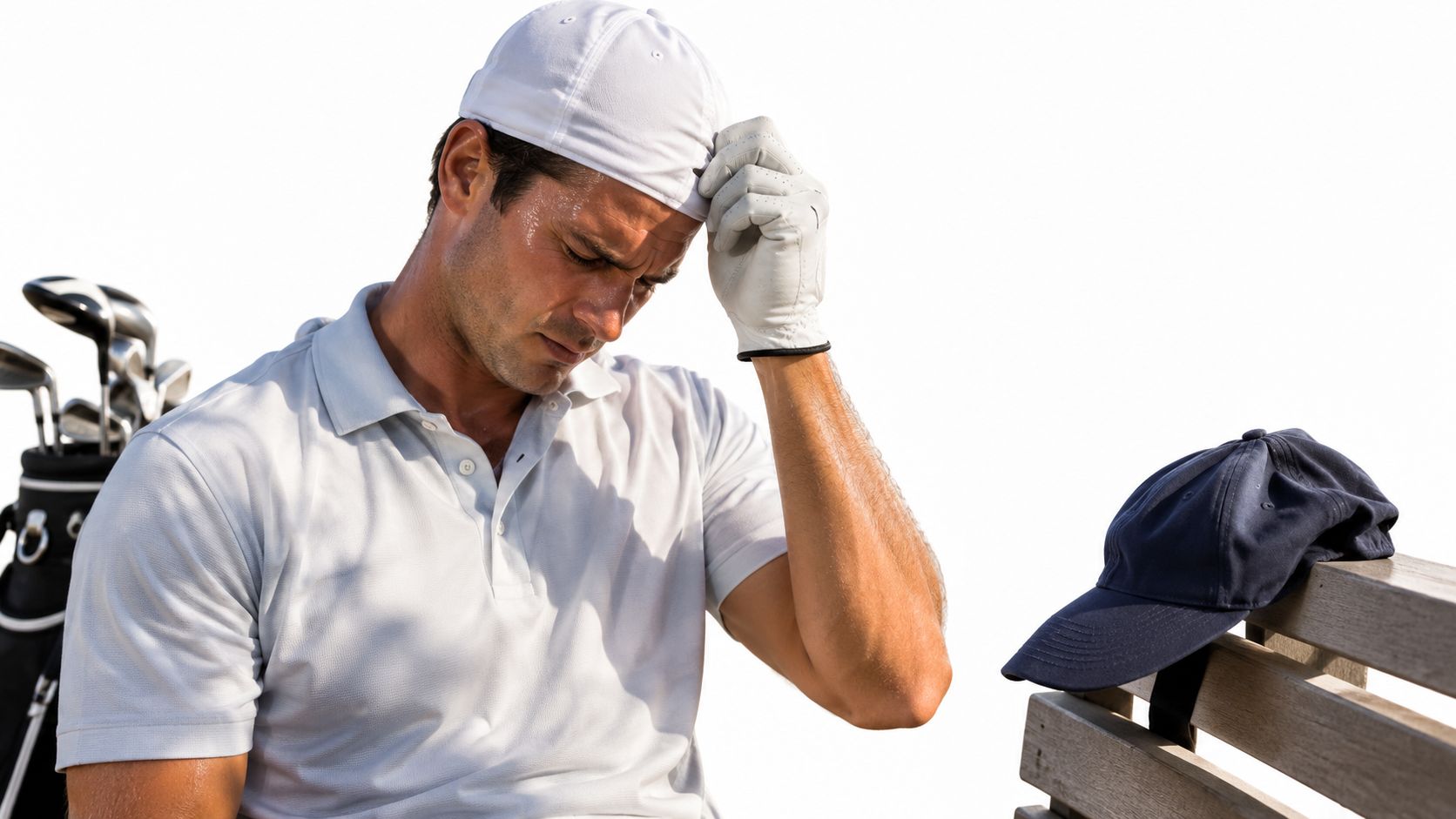 A tired golfer wearing a white cap sitting on a bench next to a blue hat.