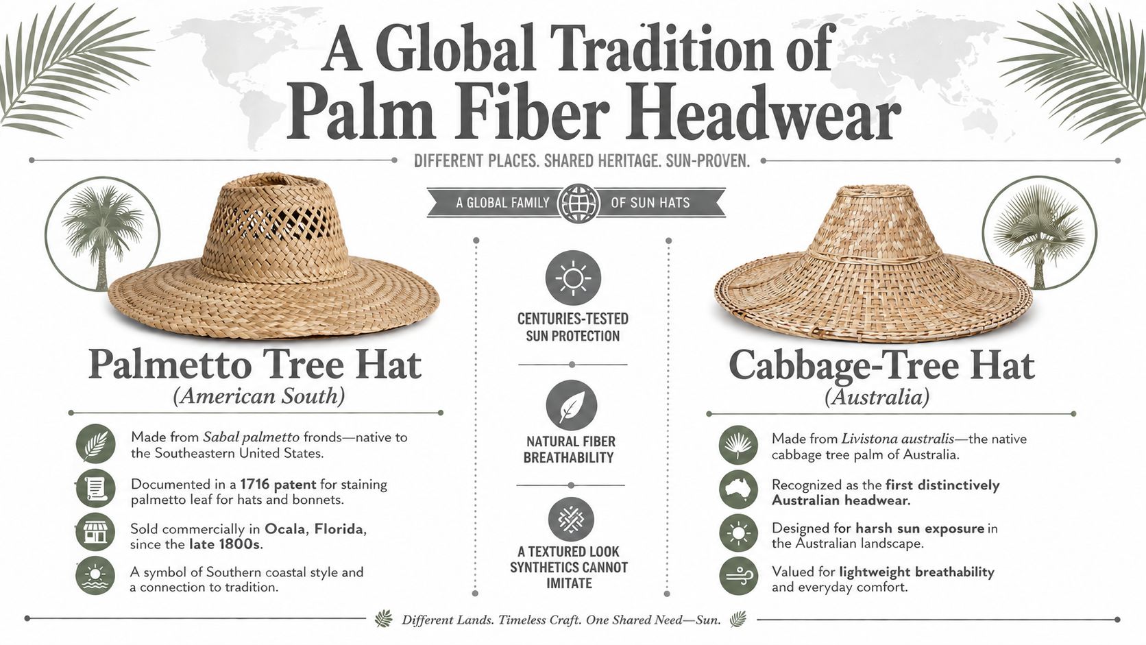 An infographic comparing the historical traditions and unique craft of Palmetto tree hats and Cabbage-Tree hats.