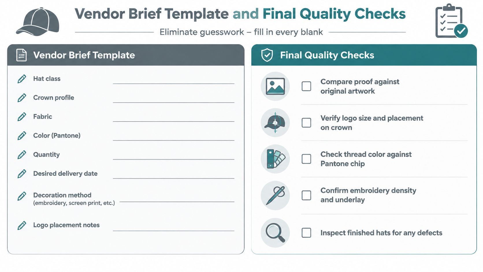 A vendor brief template and quality checklist for custom hat manufacturing with logo embroidery or printing.